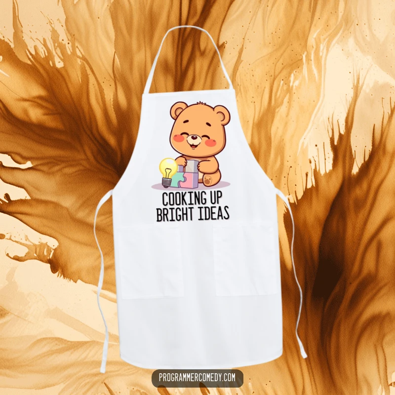 Funny bear cub wearing an apron, intensely focused on solving a puzzle with a bright lightbulb above, suitable for chefs and witty cooks.