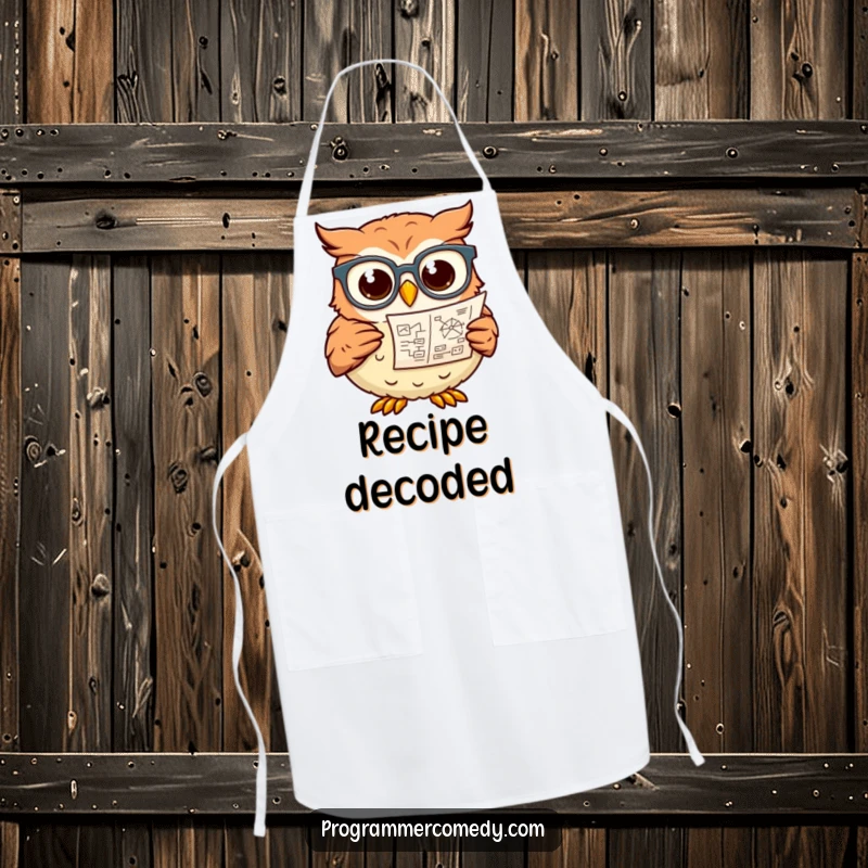Funny owl wearing glasses looks intently at a complex diagram on a chef's apron, a humorous kitchen gift.