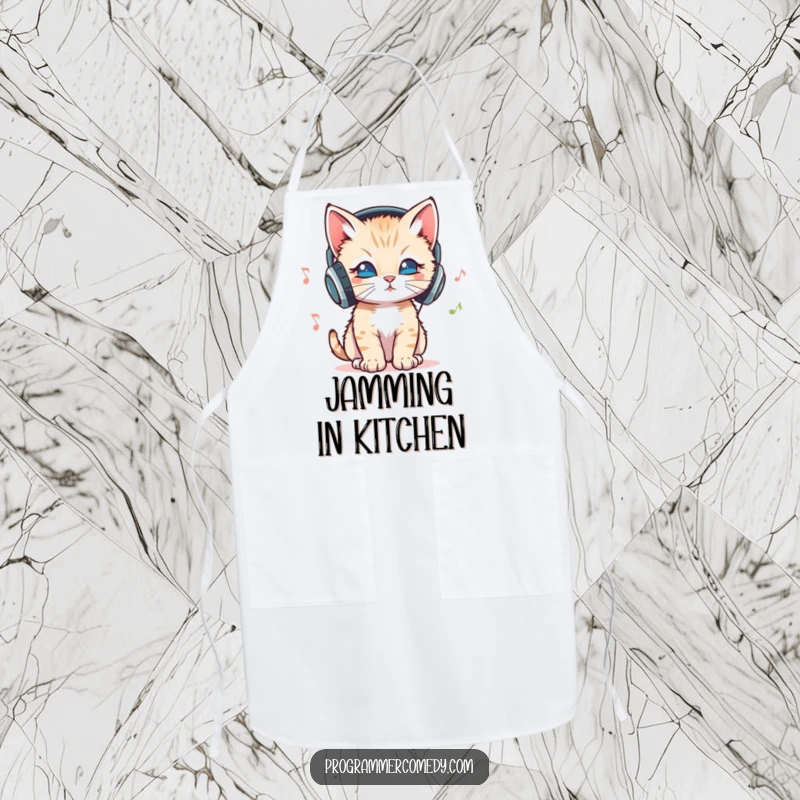 Funny kitten with headphones bopping its head to music on a kitchen apron, a fun funny gift.
