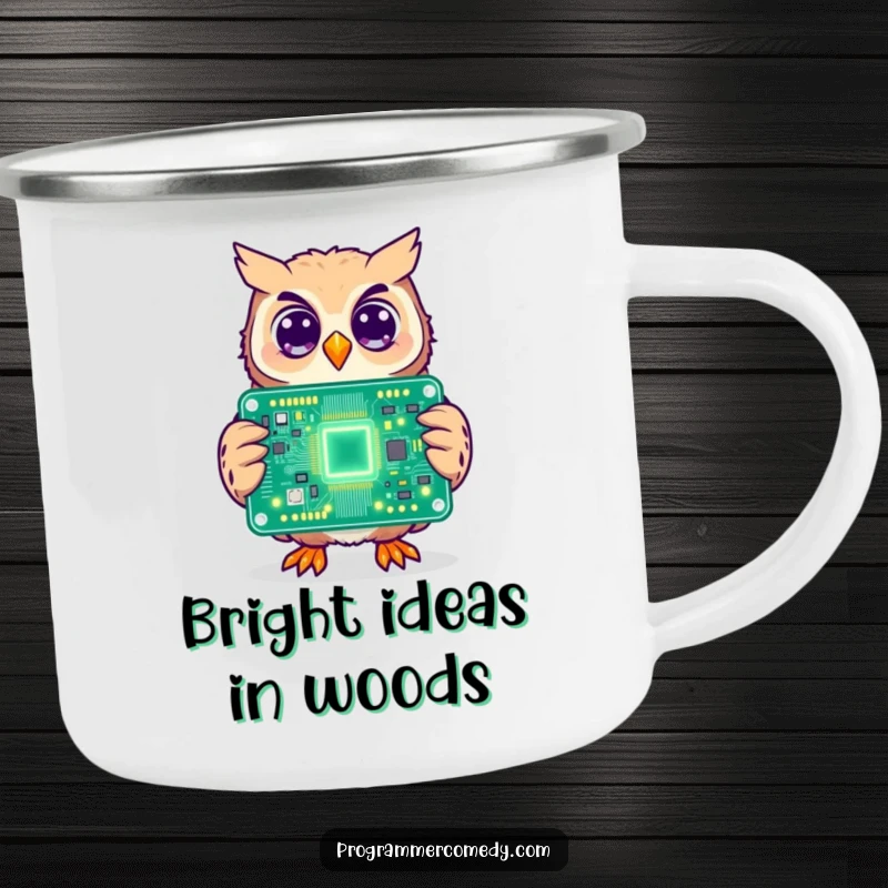 Funny owl camping mug featuring a cheerful owl holding a large, illuminated circuit board, ideal for outdoor tech humor.