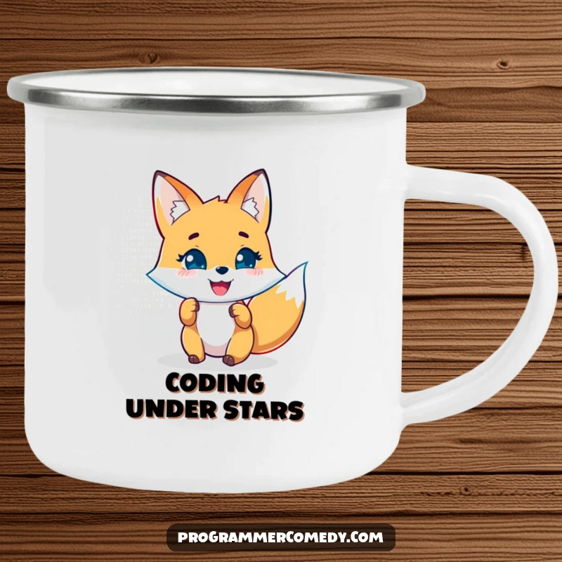 Funny fox camping mug featuring a joyful character analyzing code on a holographic display, ideal for outdoor tech humor.