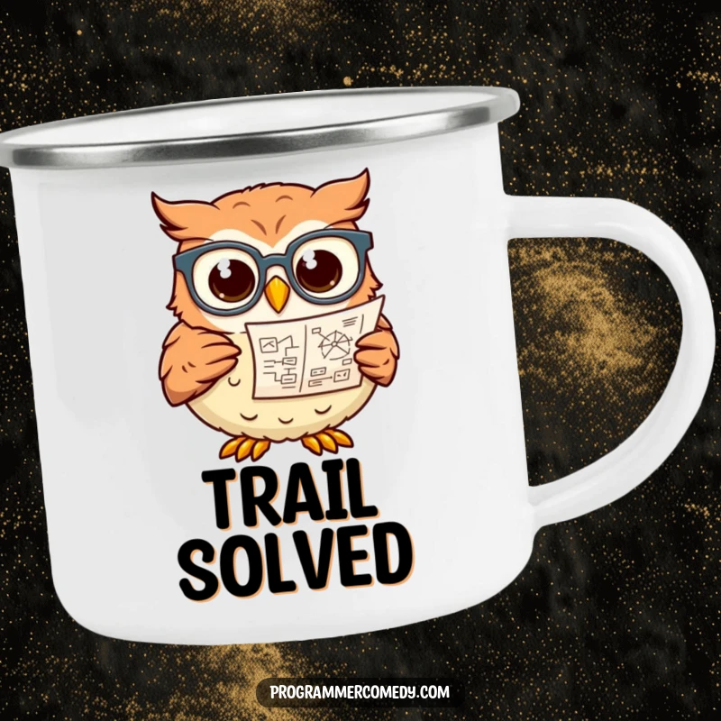 Funny owl wearing glasses intently studies a complex diagram on a durable camping mug, a humorous souvenir.