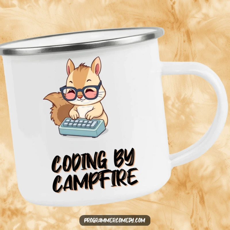 Funny squirrel camping mug featuring a cute squirrel in glasses typing on a tiny keyboard, adding tech humor to the wilderness.