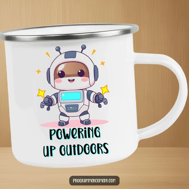 Funny robot animal camping mug featuring a happy character powering up with a bright screen, ideal for outdoor tech humor.