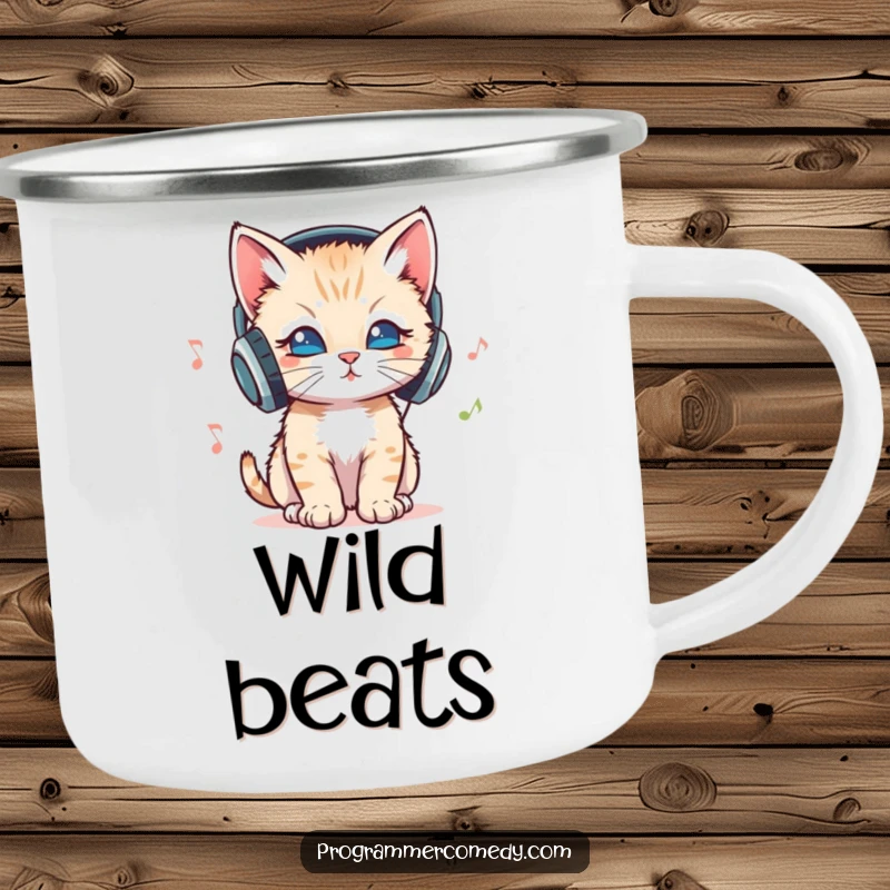 Funny kitten wearing headphones bops its head to music on a camping mug, a cool funny gift.