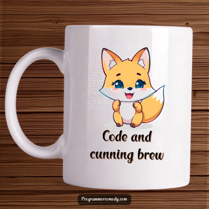 Funny fox mug featuring a joyful character analyzing code on a holographic display, exuding cleverness and tech-savvy humor.