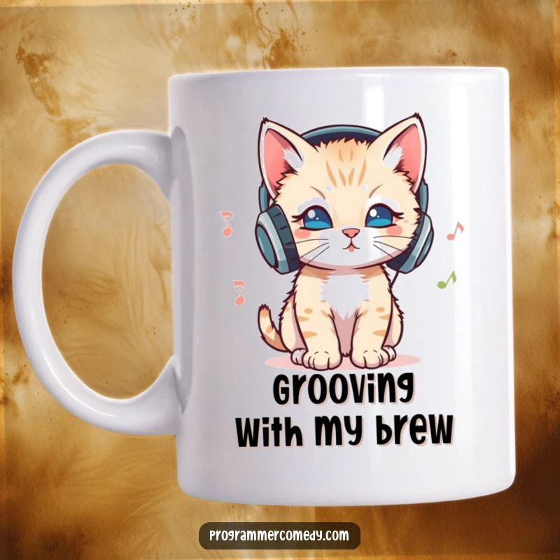 Funny kitten wearing headphones bops its head to music on this mug, an awesome funny gift.