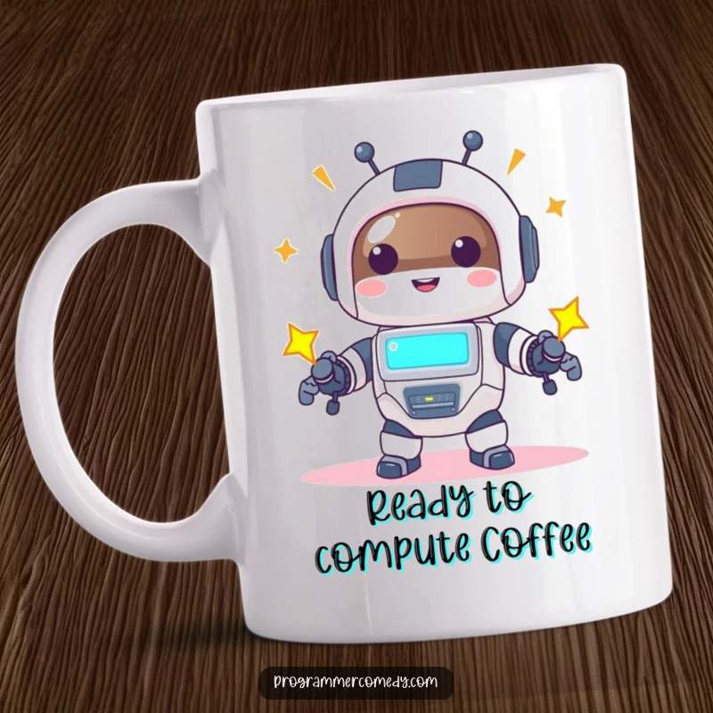 Funny robot animal mug featuring a happy character powering up with a bright, illuminating screen, radiating positive energy.