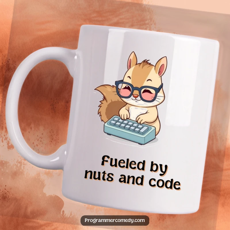 Funny squirrel mug featuring a cute squirrel in glasses enthusiastically typing on a miniature keyboard, looking focused and hilarious.