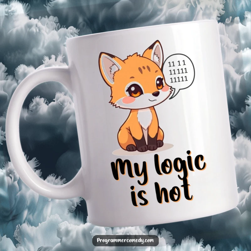 Funny fox cub with a speech bubble containing binary code on a mug, a perfect funny gift for coders.
