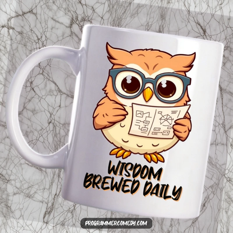 Funny owl wearing glasses intently studies a complex diagram, perfect for a smart and humorous gift.