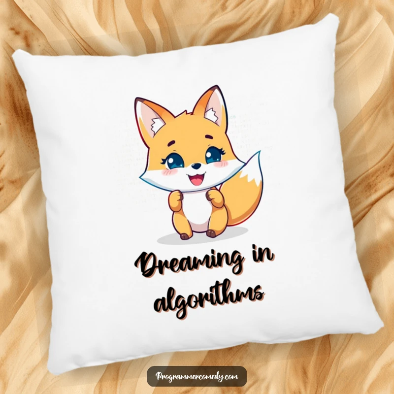 Funny fox pillow featuring a joyful character analyzing code on a holographic display, offering smart comfort and laughs.