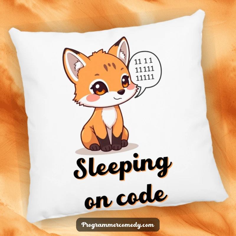 Funny fox cub with binary code speech bubble on a soft pillow, a cozy funny gift.