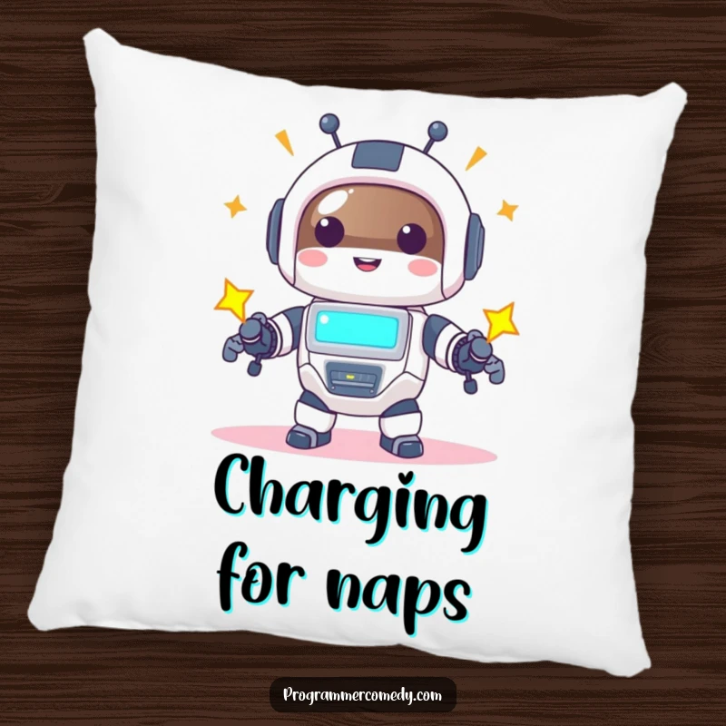 Funny robot animal pillow featuring a happy character powering up with a bright screen, offering comfort and techy smiles.