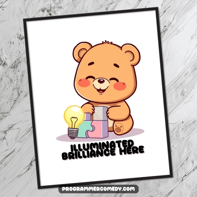 Funny bear cub character solving a complex puzzle, lightbulb illuminating the scene, available as a digital art print for instant smart decor.