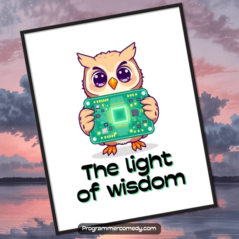 Funny owl digital art print of a cheerful owl holding a large, illuminated circuit board, ready to bring smiles.