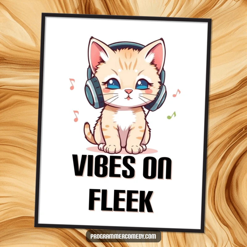 Funny kitten wearing headphones bops its head to music on a digital art print, a fun funny gift.