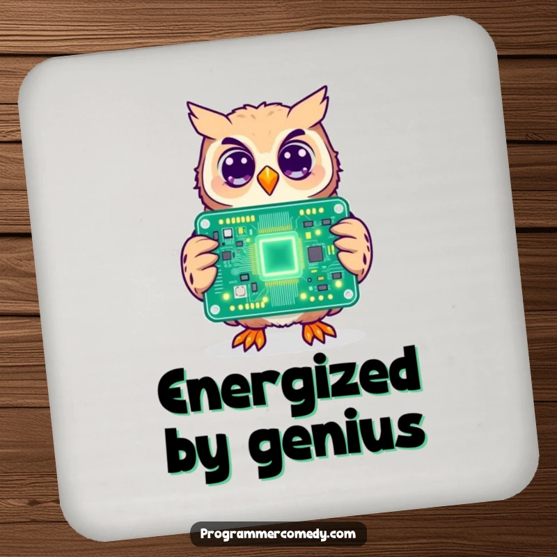 Funny owl drink coaster with a cheerful owl holding a large, illuminated circuit board, perfect for techie desks.