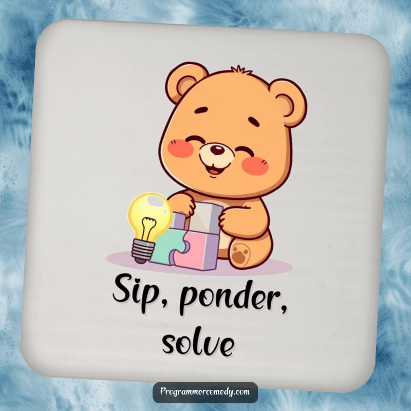 Funny bear cub character with a lightbulb above its head, solving a puzzle, printed on a drink coaster, perfect for protecting furniture.