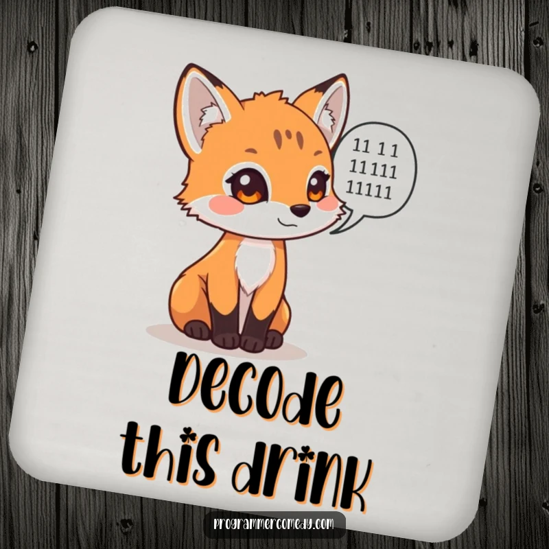 Funny fox cub with binary code speech bubble on a drink coaster, a smart funny gift.