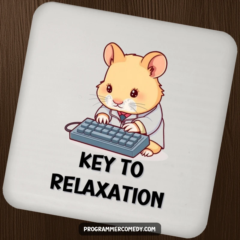 Funny hamster scientist drink coaster showing a determined hamster in a lab coat typing on a miniature keyboard, protecting surfaces with humor.