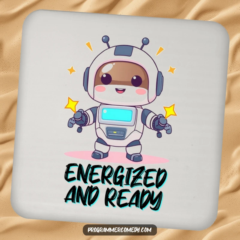 Funny robot animal drink coaster with a happy character powering up with a bright screen, perfect for cheerful tabletops.