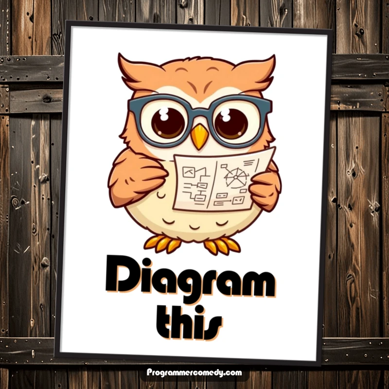 Funny owl wearing glasses intensely studies a complex diagram, displayed on a humorous poster, ideal funny gift.