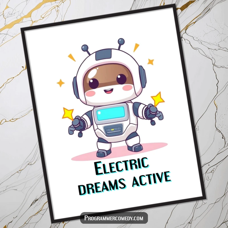 Funny robot animal poster depicting a happy character powering up with a bright screen, symbolizing joy and innovation.