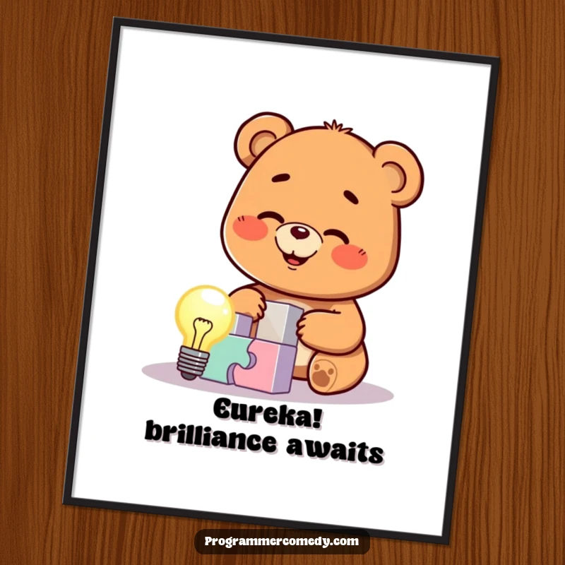 Funny bear cub illustration solving a tough puzzle, lightbulb glowing brightly, symbolizing intelligence and determination, ideal wall art and funny gift.