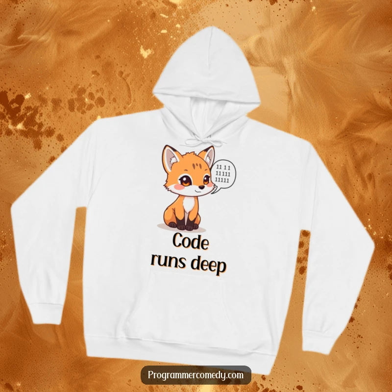 Funny fox cub with binary code speech bubble on a cozy hoodie, a perfect funny tech gift.