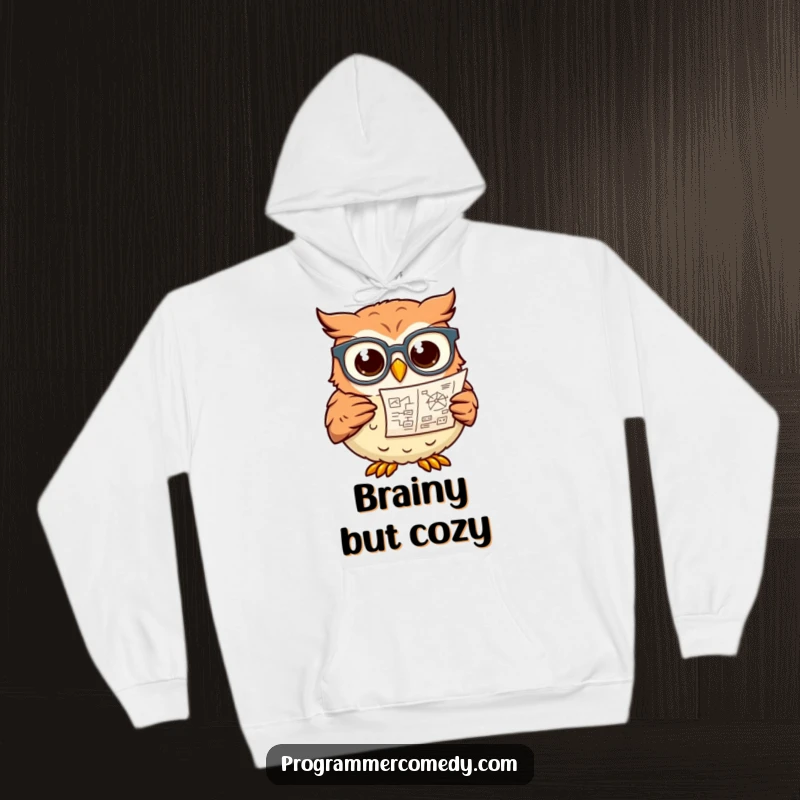 Funny, wise owl in glasses studying a complex diagram, featured on a cozy hoodie, a perfect funny gift.