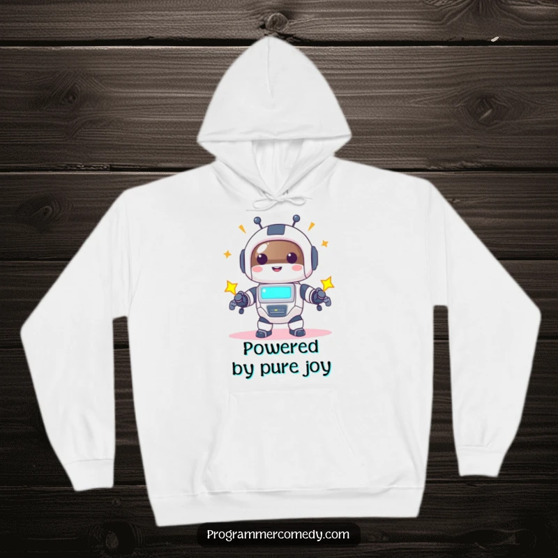 Funny robot animal hoodie featuring a happy character powering up with a bright screen, offering comfort and tech humor.