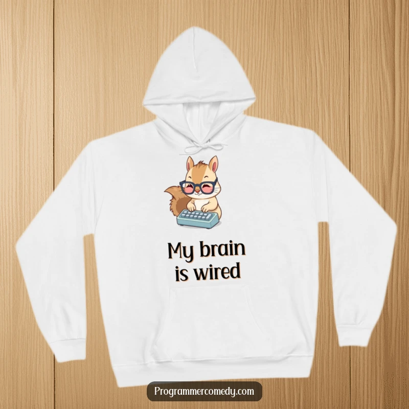 Funny squirrel hoodie featuring a cute, bespectacled squirrel typing diligently on a small keyboard, embodying tech humor.