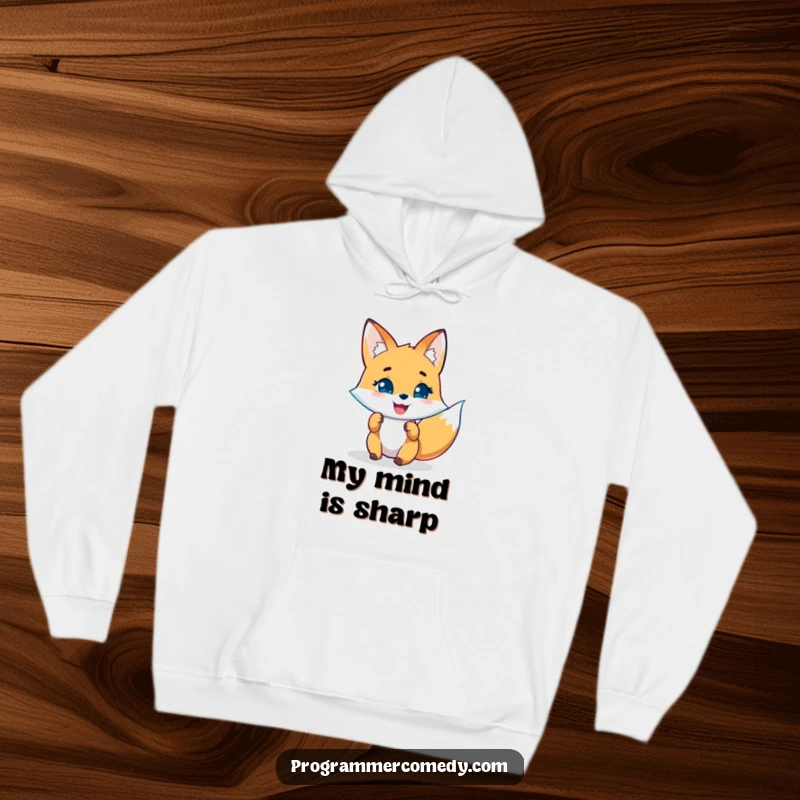 Funny fox hoodie with a joyful character analyzing code on a holographic display, embodying smart and cozy tech humor.