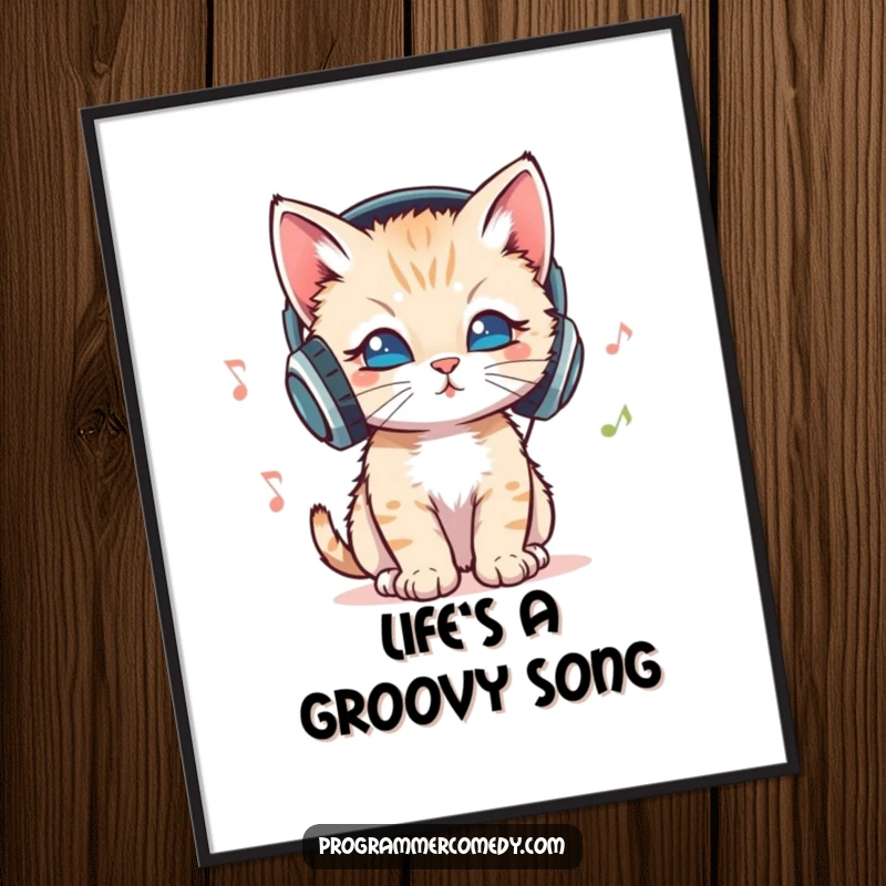 Funny Free Printable Wall Art of a cool kitten wearing headphones, bopping its head rhythmically to unseen music, adding vibe to decor.
