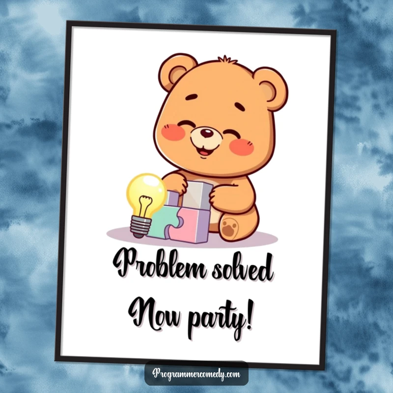 Funny Free Printable Wall Art: Adorable bear cub solving a complex puzzle with a glowing lightbulb above, quirky decor.