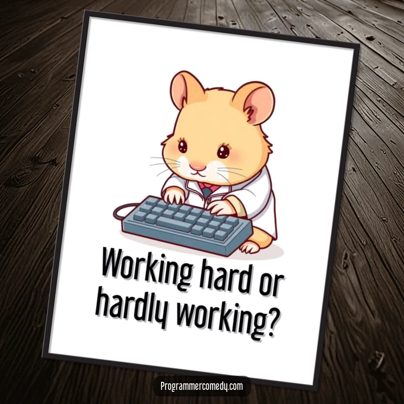 Free Printable Wall Art: A small, determined hamster in a tiny lab coat intensely types on a miniature keyboard.