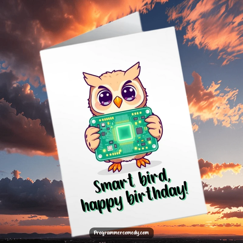 Funny Free Printable Birthday Card: A cheerful owl character holds a large, illuminated circuit board, wishing a tech-savvy happy birthday.