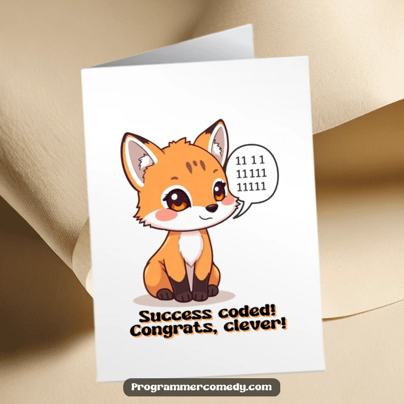 Funny Free Printable Congratulations Card showing a curious fox cub with a binary code speech bubble, celebrating a digital success.