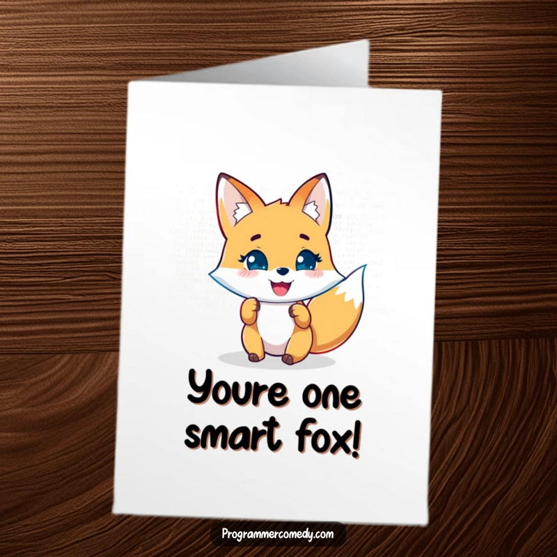 Funny Free Printable Congratulations Card: A joyful fox analyzes lines of code on a holographic display, celebrating a successful coding feat.