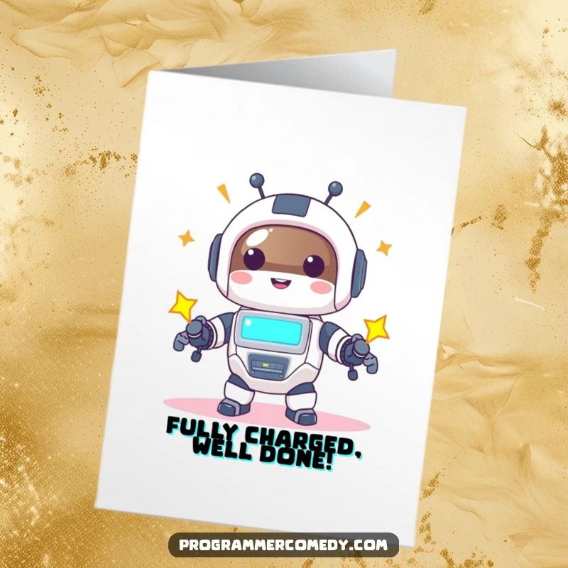 Funny Free Printable Congratulations Card: A happy robot animal character powers up with a bright screen, signifying a shining achievement.