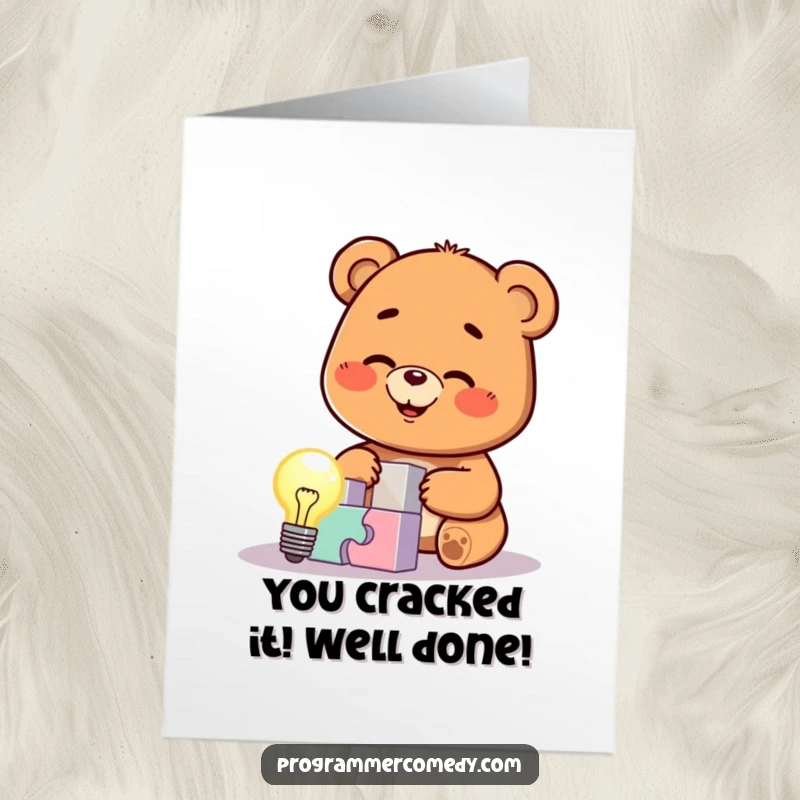 Funny Free Printable Congrats Card: Expert bear cub has a lightbulb moment, celebrating success, downloadable.