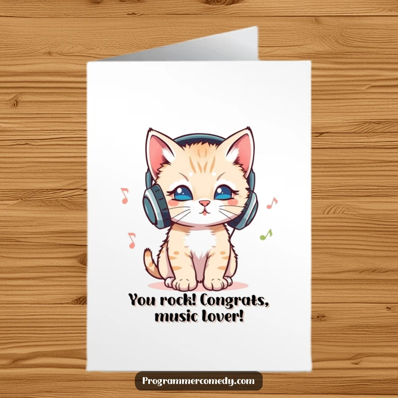 Funny Free Printable Congratulations Card featuring a hip kitten with headphones, grooving to music, celebrating an achievement with style.