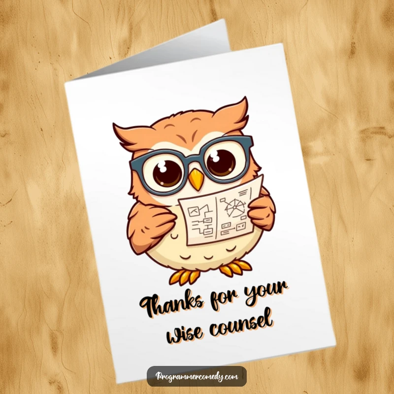 Funny Free Printable Thank You Card featuring a studious owl in glasses expressing gratitude, a smart way to say thanks.