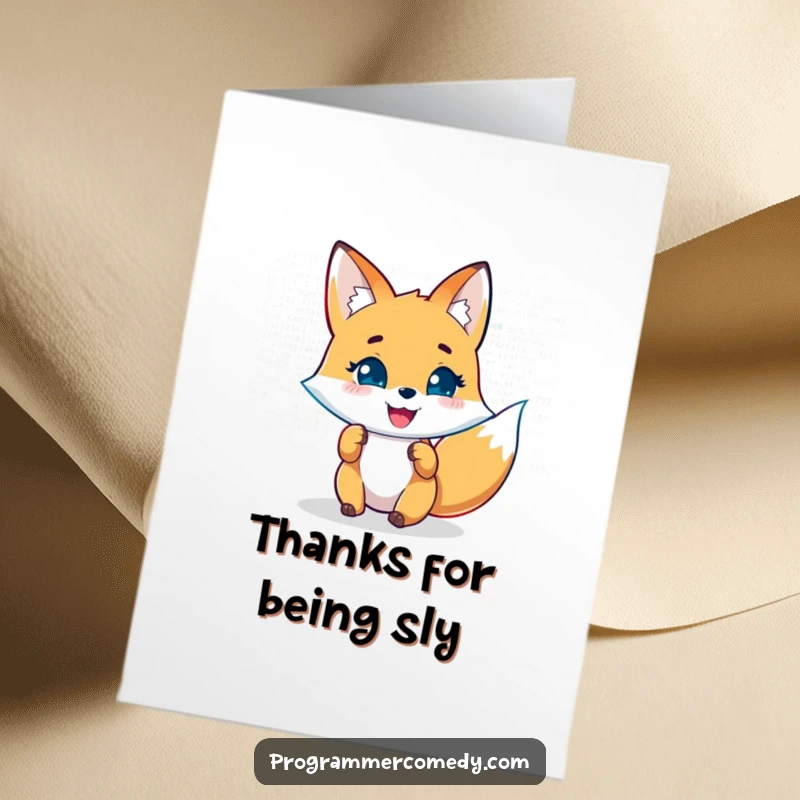 Funny Free Printable Thank You Card: A joyful fox analyzes lines of code, displaying witty gratitude for their technical help.