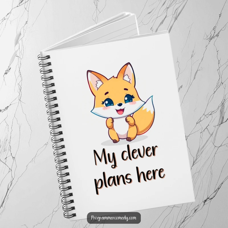 Funny fox notebook with a joyful character analyzing code on a holographic display, perfect for capturing smart ideas.