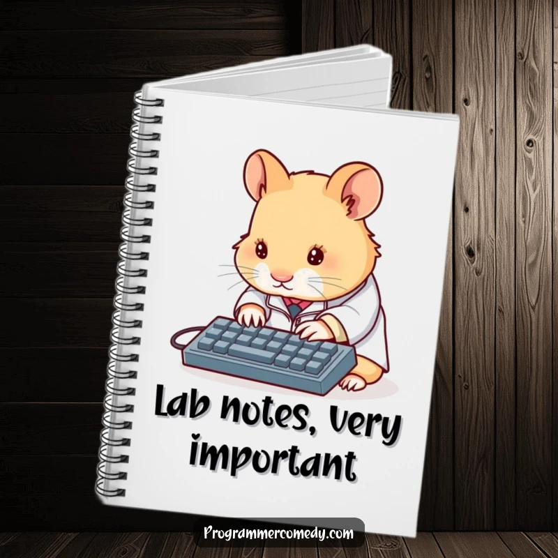 Funny hamster scientist notebook featuring a determined hamster in a lab coat typing on a miniature keyboard, ideal for humorous note-taking.