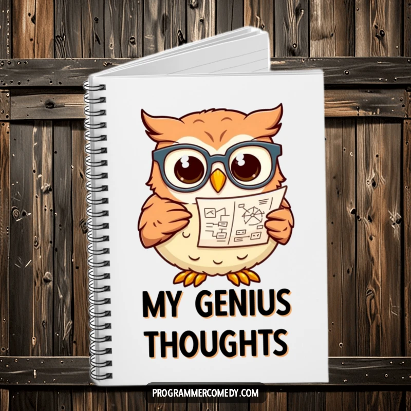Funny owl with glasses studying a complex diagram on the cover of a notebook, a perfect funny gift.