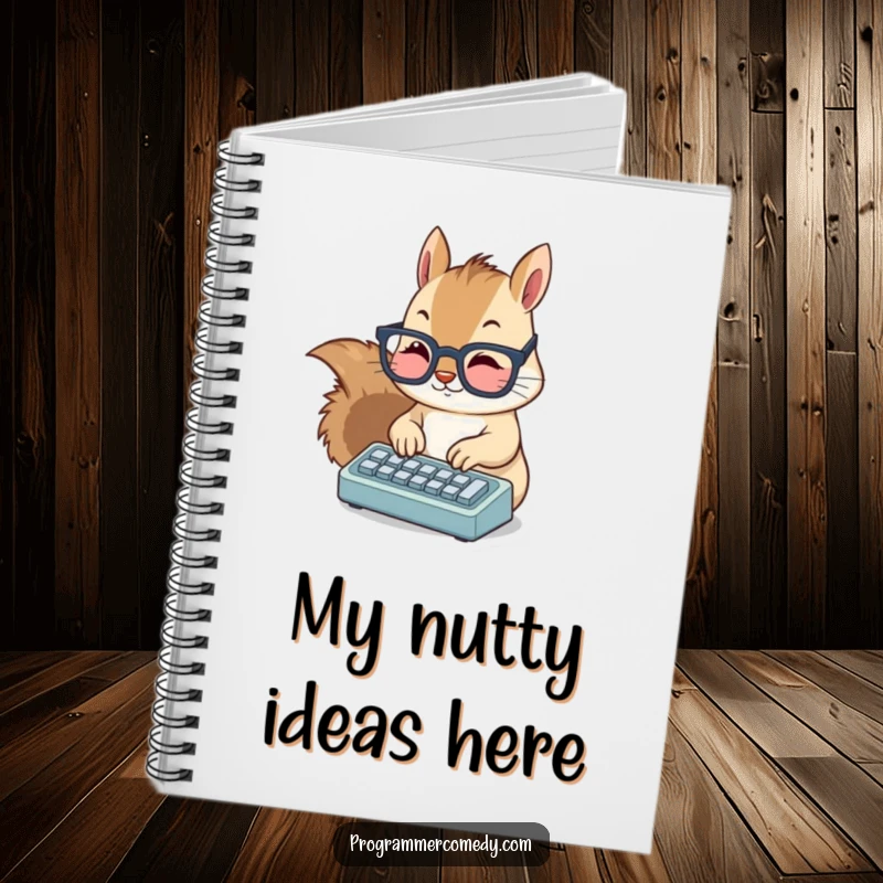 Funny squirrel notebook with a cute, bespectacled squirrel typing on a miniature keyboard, ideal for capturing witty thoughts.