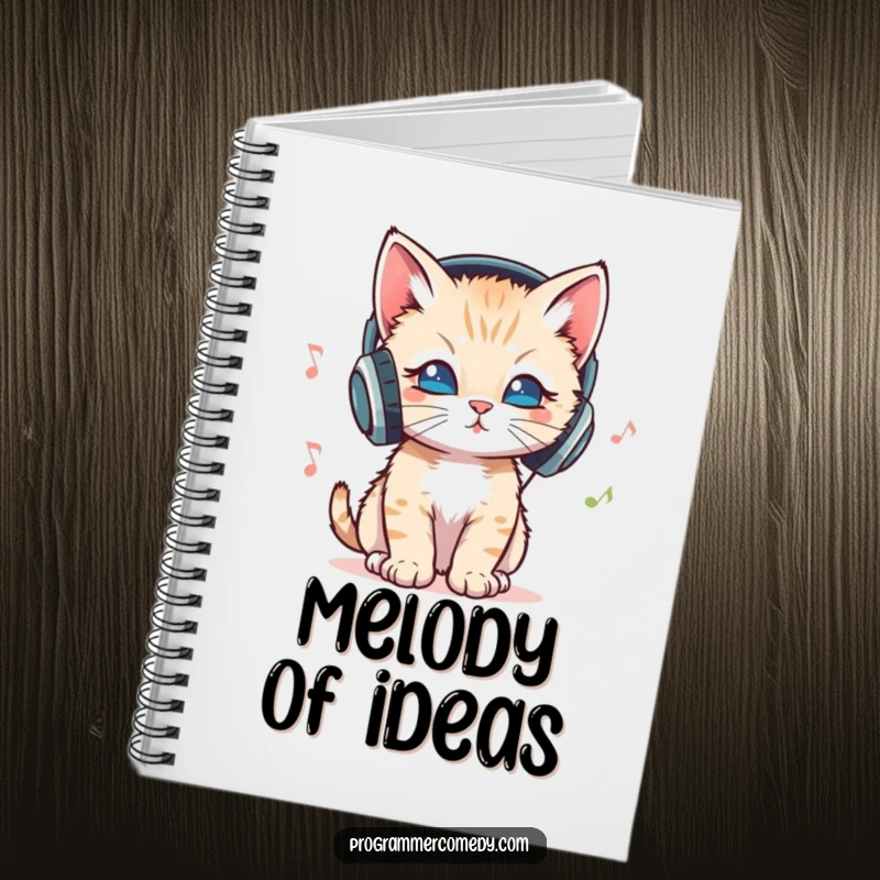Funny kitten with headphones bops head to music on a notebook cover, a great funny gift.
